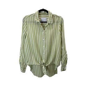 Lola River Womens Green White Striped Tie Knot Roll Tab Sleeve Button Up Shirt M